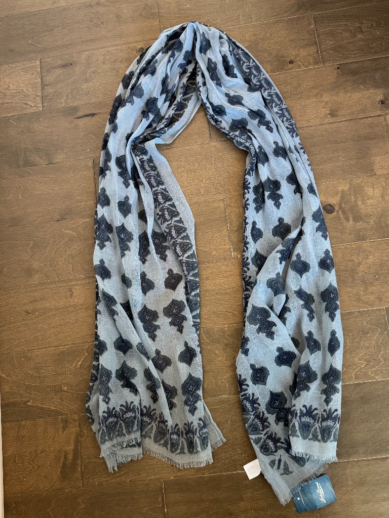 Lucky Brand Nwt Blue Patterned Wool Blend Scarf Fringe Msrp 49